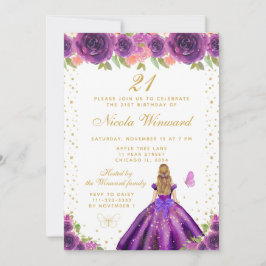 Invitación Purple Floral Blonde Hair Princess Birthday Party