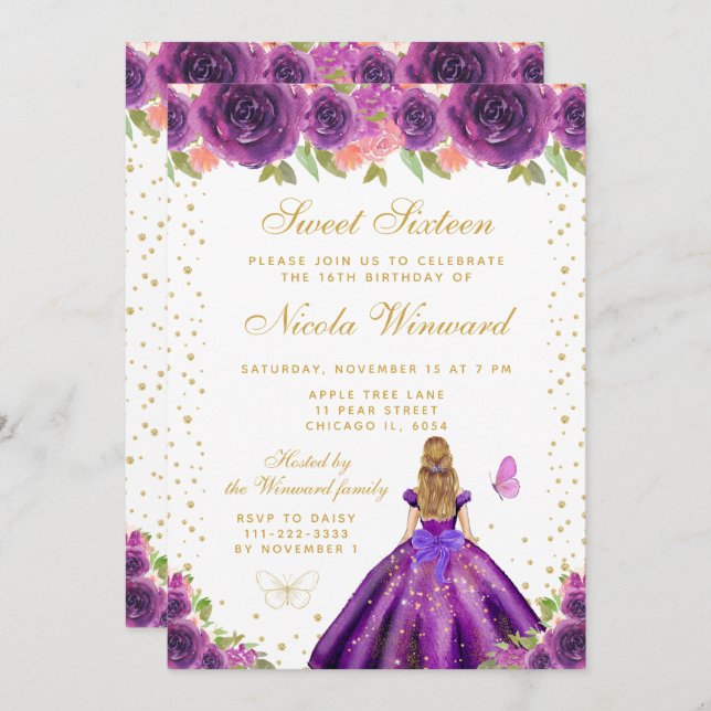 Invitación Purple Floral Blonde Hair Princess Sweet Sixteen (Anverso / Reverso)