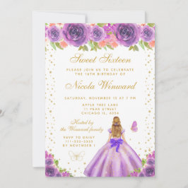 Invitación Purple Floral Blonde Hair Princess Sweet Sixteen