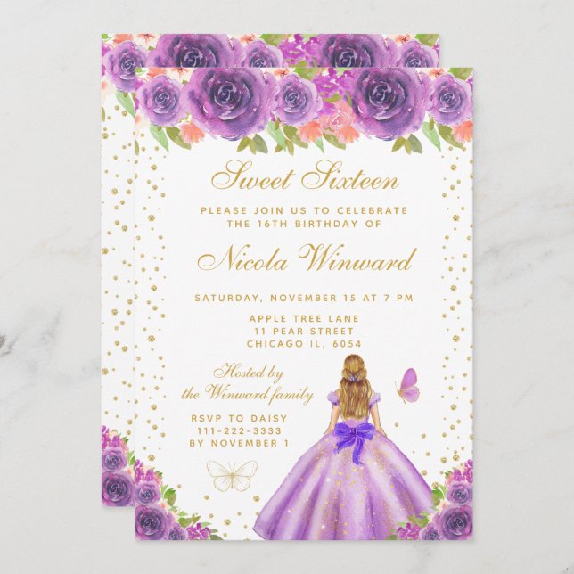 Invitación Purple Floral Blonde Hair Princess Sweet Sixteen (Anverso / Reverso)