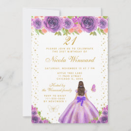Invitación Purple Floral Brunette Hair Princess Birthday