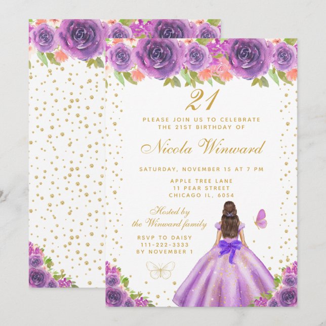 Invitación Purple Floral Brunette Hair Princess Birthday (Anverso / Reverso)