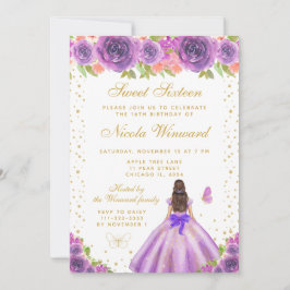 Invitación Purple Floral Brunette Hair Princess Sweet Sixteen