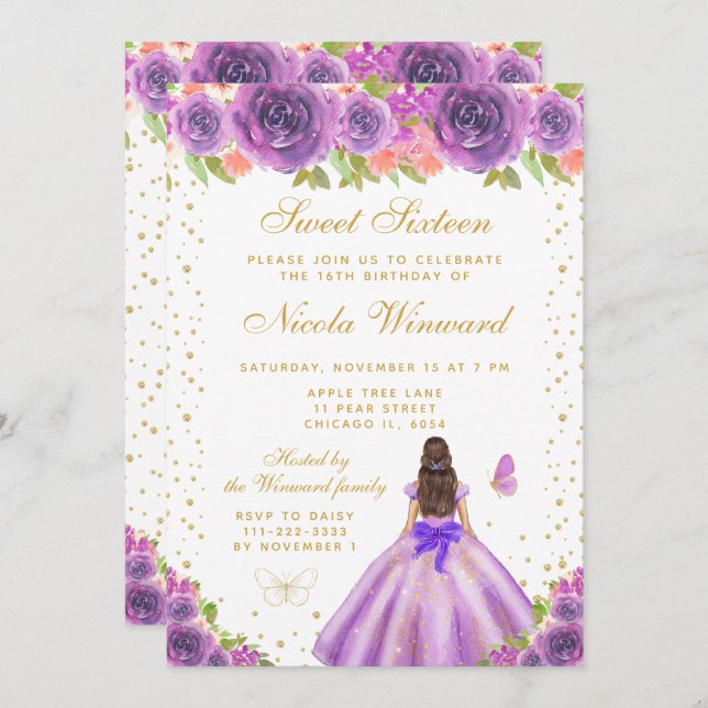 Invitación Purple Floral Brunette Hair Princess Sweet Sixteen (Anverso / Reverso)