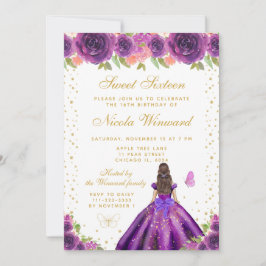 Invitación Purple Floral Brunette Hair Princess Sweet Sixteen