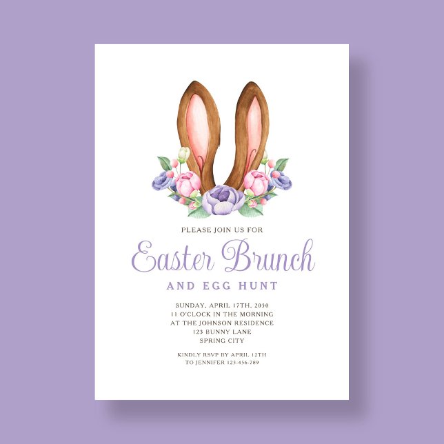 Invitación Purple Floral Bunny Ears Easter Brunch (Purple Floral Bunny Ears Easter Brunch Invitation)