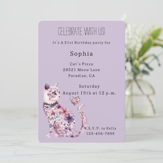 Invitación Purple Floral Cat Birthday   (Anverso de pie)