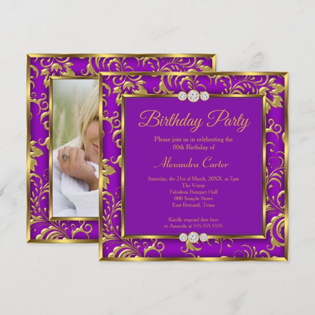 Invitación Purple Floral Damask Photo Gold (Anverso / Reverso)