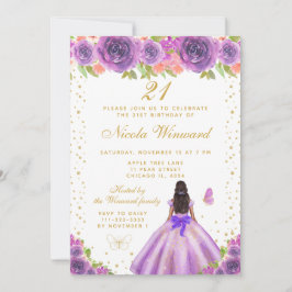 Invitación Purple Floral Dark Skin Princess Birthday Party