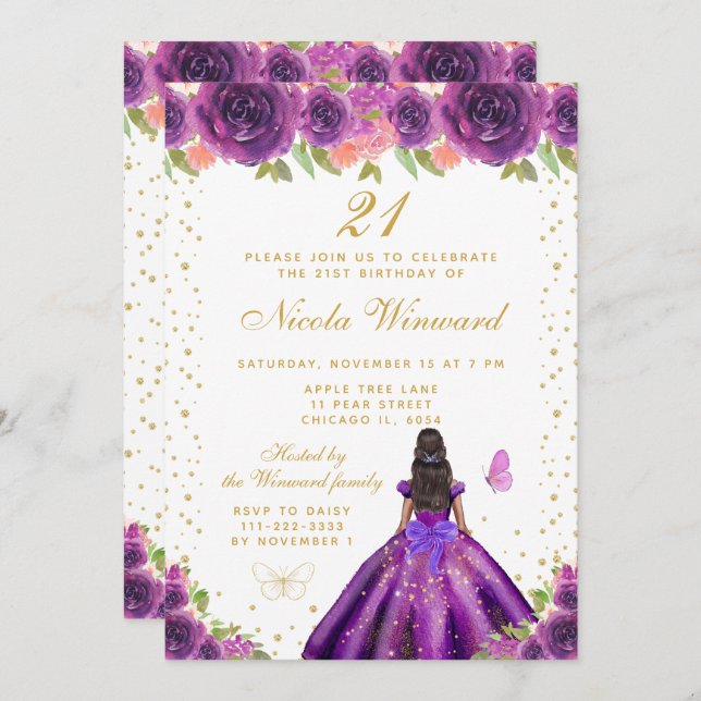 Invitación Purple Floral Dark Skin Princess Birthday Party (Anverso / Reverso)