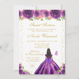 Invitación Purple Floral Dark Skin Princess Sweet Sixteen