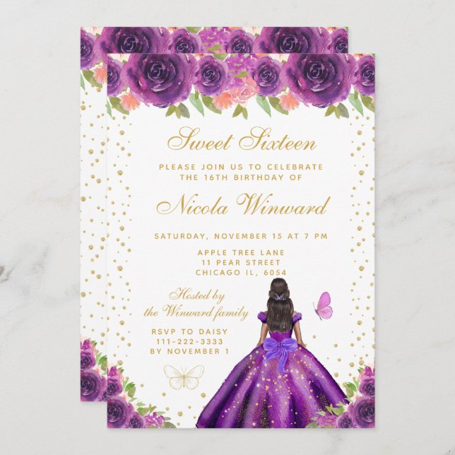 Invitación Purple Floral Dark Skin Princess Sweet Sixteen (Anverso / Reverso)