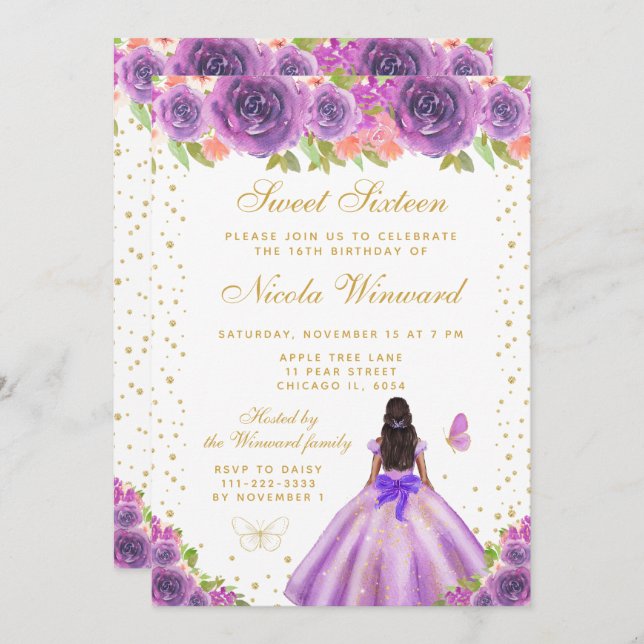 Invitación Purple Floral Dark Skin Princess Sweet Sixteen (Anverso / Reverso)