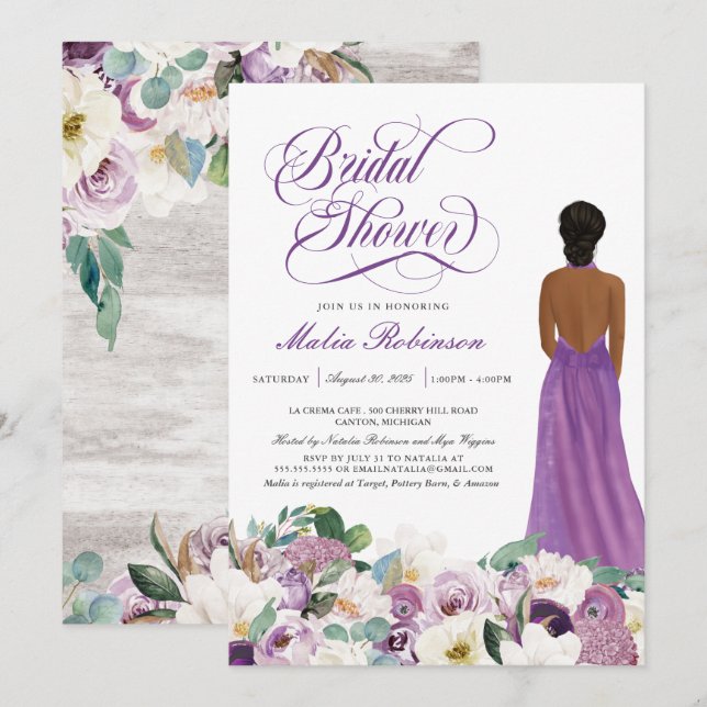 Invitación  Purple Floral Elegante Boda con Ducha Bridal  (Anverso / Reverso)