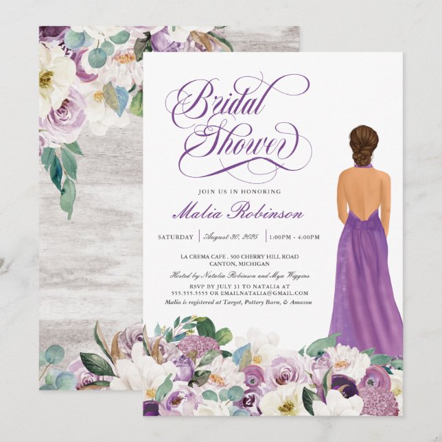 Invitación Purple Floral Elegante Boda con Ducha Bridal (Anverso / Reverso)