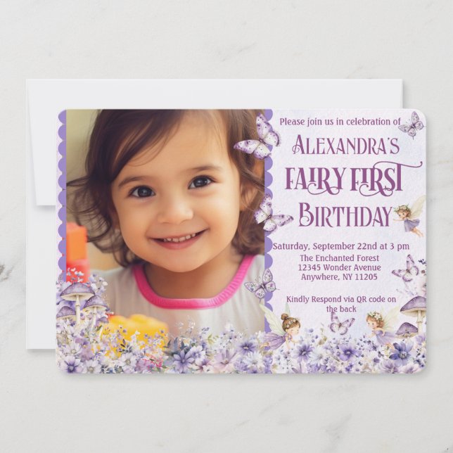 Invitación Purple Floral Fairy First QR Code Photo Birthday (Anverso)