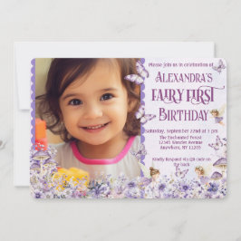 Invitación Purple Floral Fairy First QR Code Photo Birthday