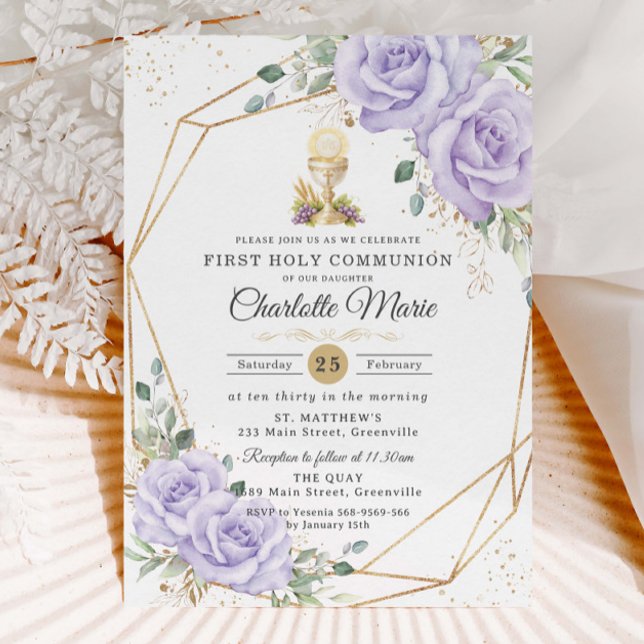 Invitación Purple Floral First Holy Communion Gold Chalice (Subido por el creador)
