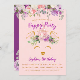 Invitación Purple Floral Garden Puppy Fiesta Cumpleaños Gold