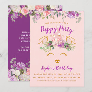 Invitación Purple Floral Garden Puppy Fiesta Cumpleaños Gold