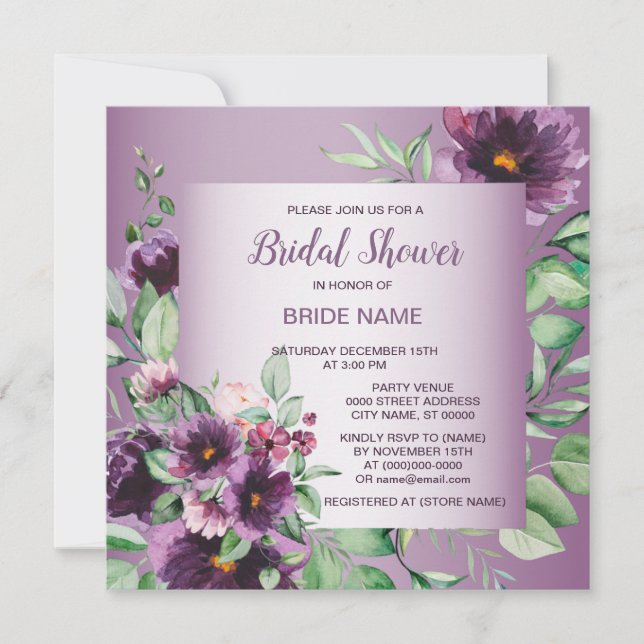 Invitación Purple Floral Geometric Greenery Bridal Shower (Anverso)