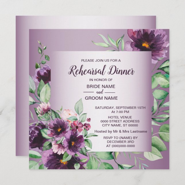Invitación Purple Floral Geometric Greenery Rehearsal Dinner  (Anverso / Reverso)