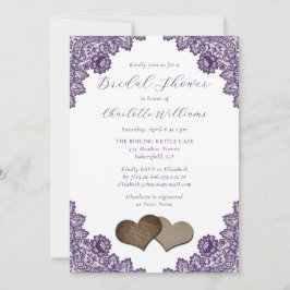Invitación Purple Floral Lace Burlap Hearts Bridal Shower