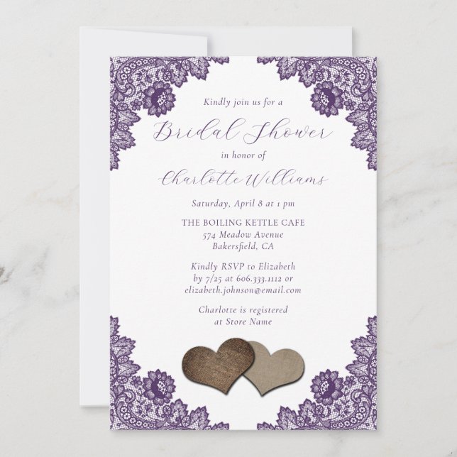 Invitación Purple Floral Lace Burlap Hearts Bridal Shower (Anverso)