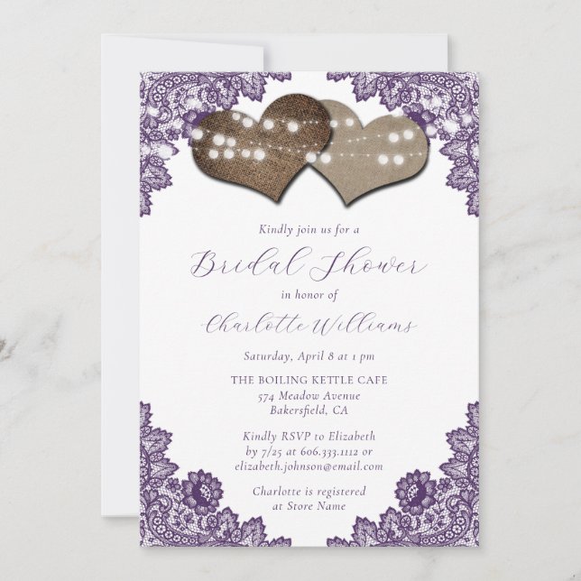 Invitación Purple Floral Lace Burlap Hearts Bridal Shower (Anverso)