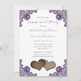 Invitación Purple Floral Lace Burlap Hearts Engagement Party