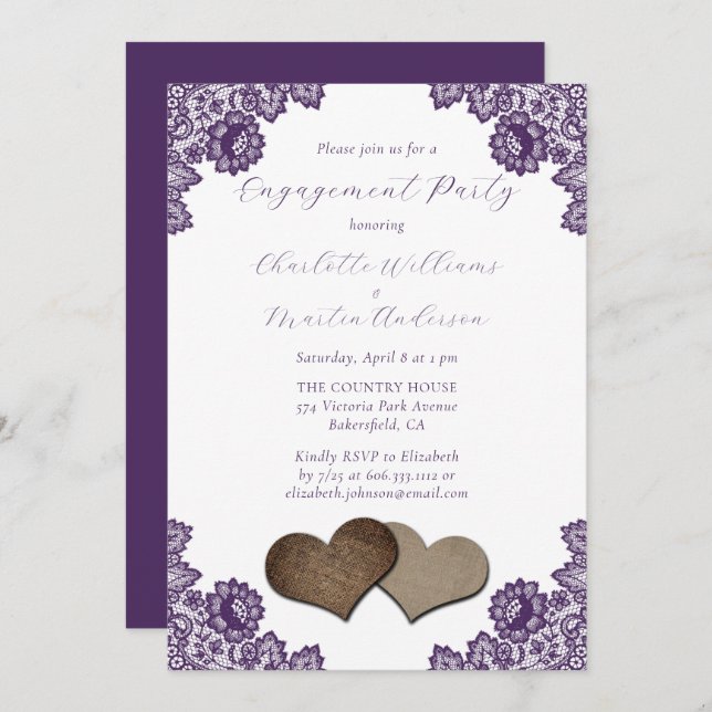 Invitación Purple Floral Lace Burlap Hearts Engagement Party (Anverso / Reverso)