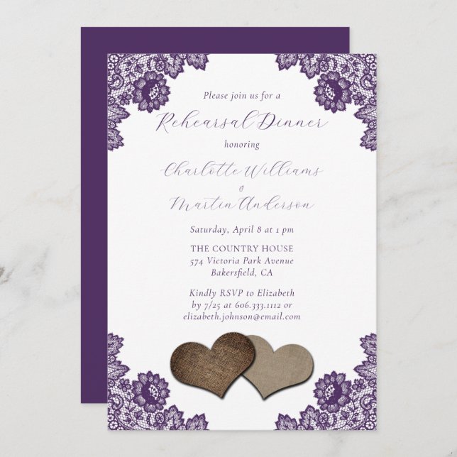 Invitación Purple Floral Lace Burlap Hearts Rehearsal Dinner (Anverso / Reverso)