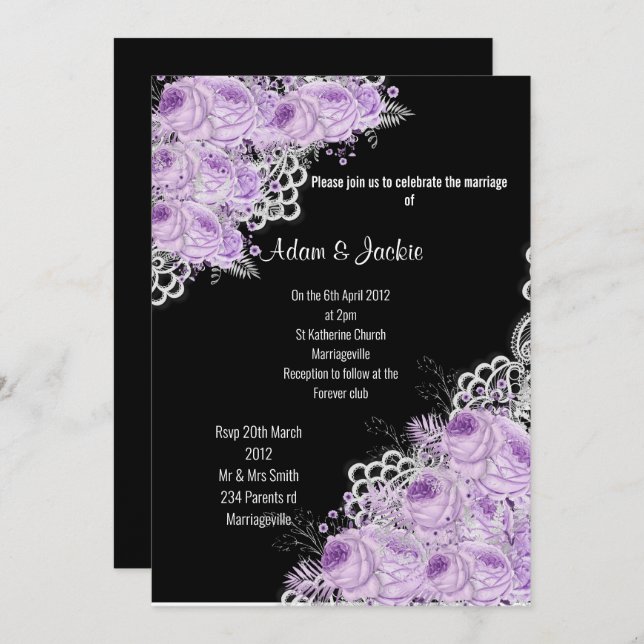 Invitación PURPLE Floral LACE ELEGANTE BODA MODERNO NEGRO (Anverso / Reverso)