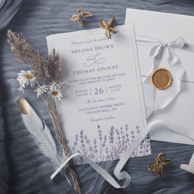 Invitación Purple Floral Lavender Budget QR Code Wedding (Subido por el creador)