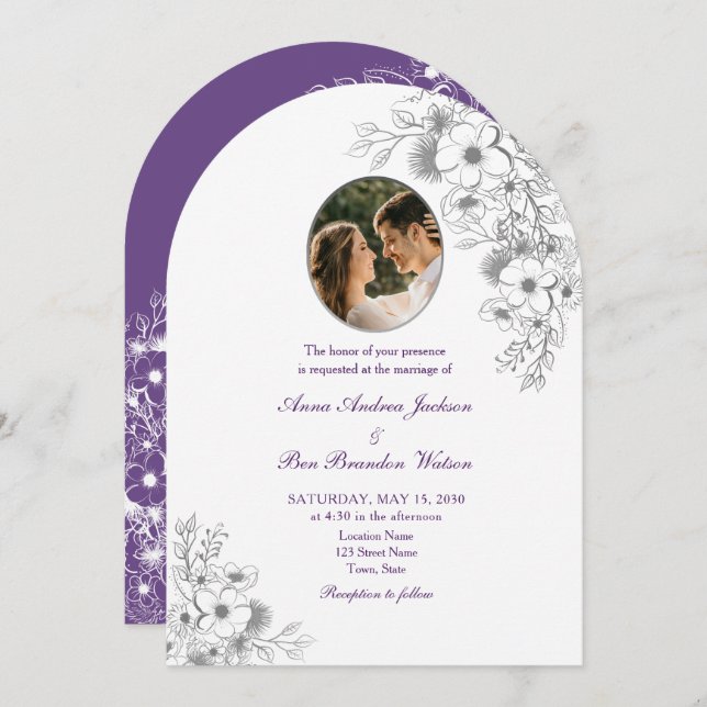 Invitación Purple Floral Photo Arched Wedding (Anverso / Reverso)