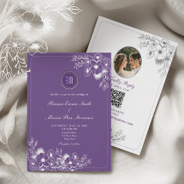 Invitación Purple Floral Photo QR Code Wedding