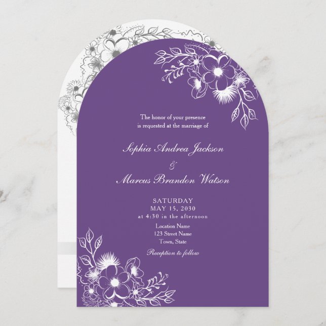 Invitación Purple Floral QR Code Wedding (Anverso / Reverso)
