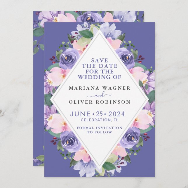 Invitación Purple Floral Save the Date (Anverso / Reverso)
