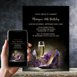 Invitación Purple Floral Stiletto Shoes Birthday Party