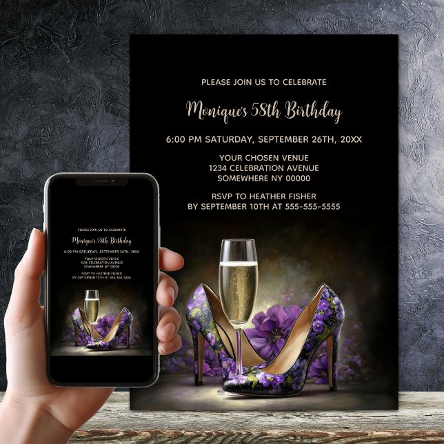 Invitación Purple Floral Stiletto Shoes Birthday Party (Subido por el creador)