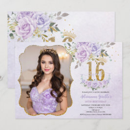Invitación Purple Floral Sweet Sixteen 16th Birthday Photo