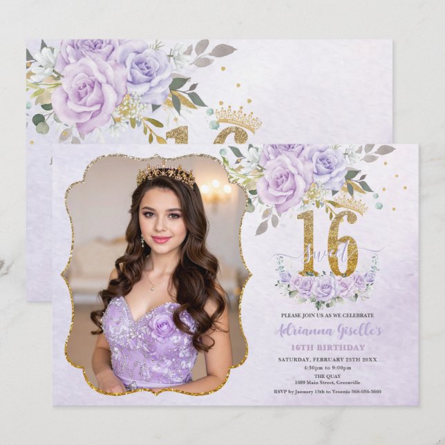 Invitación Purple Floral Sweet Sixteen 16th Birthday Photo (Anverso / Reverso)