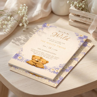 Invitación Purple Floral Twin Teddy Bear Born To Be Wild