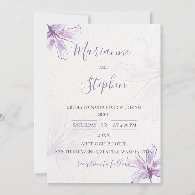 Invitación Purple Floral Watercolor Wedding Invitation (Anverso)