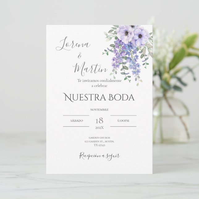Invitación Purple Floral wedding invitation in (Anverso de pie)
