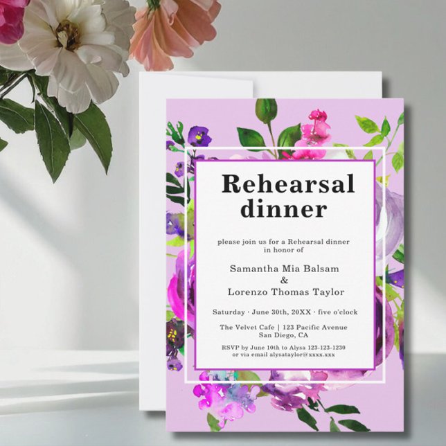 Invitación Purple Floral Wedding Rehearsal  (Subido por el creador)