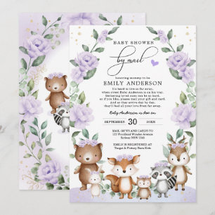 Invitación Purple Floral Woodland Animals Baby Shower