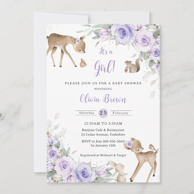 Invitación Purple Floral Woodland Animals Deer Baby Shower (Anverso)