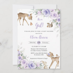 Invitación Purple Floral Woodland Animals Deer Baby Shower