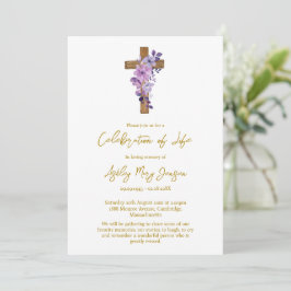 Invitación Purple flower cross Celebration of Life Funeral